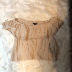 Tan, open shoulder crop top